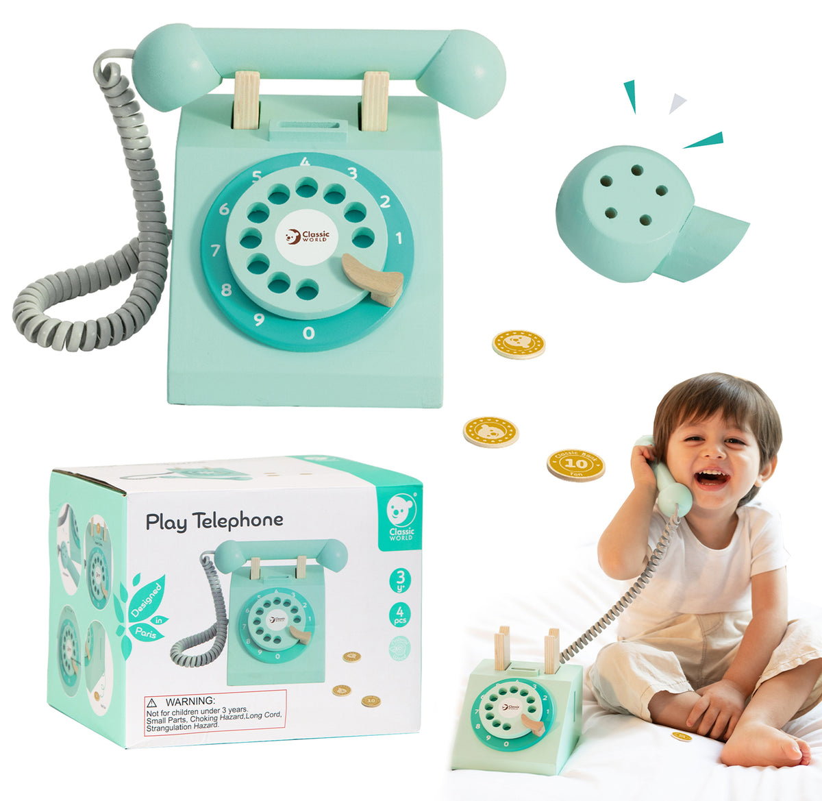 Classic World vintage koka rotaļu telefons ar zvaniņu