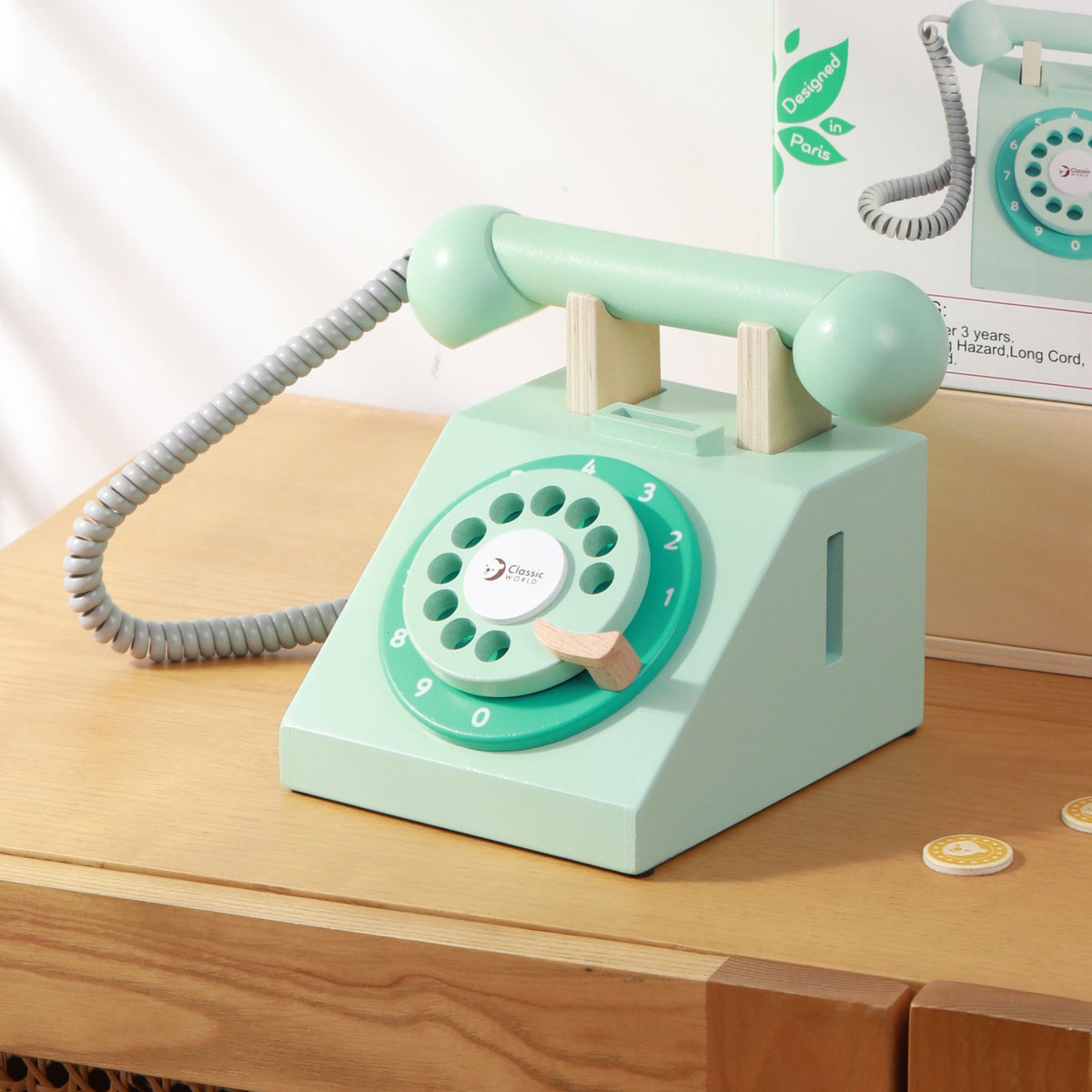 Retro wooden phone with dial, handset and coin slot