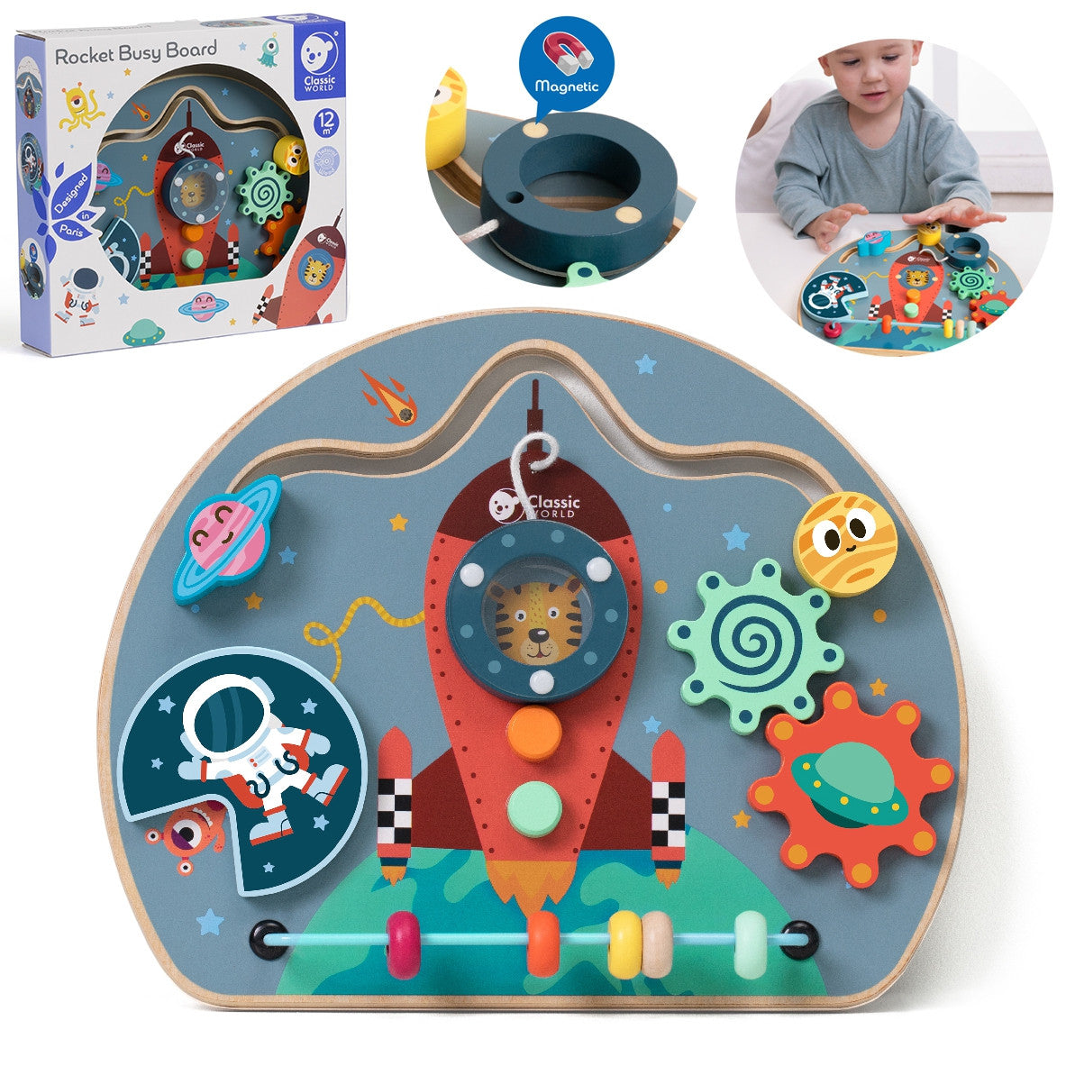 Classic World wooden rocket 6-in-1 activity board