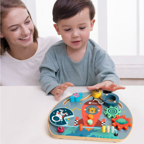 Rocket busy board with bead maze and spinning wheel
