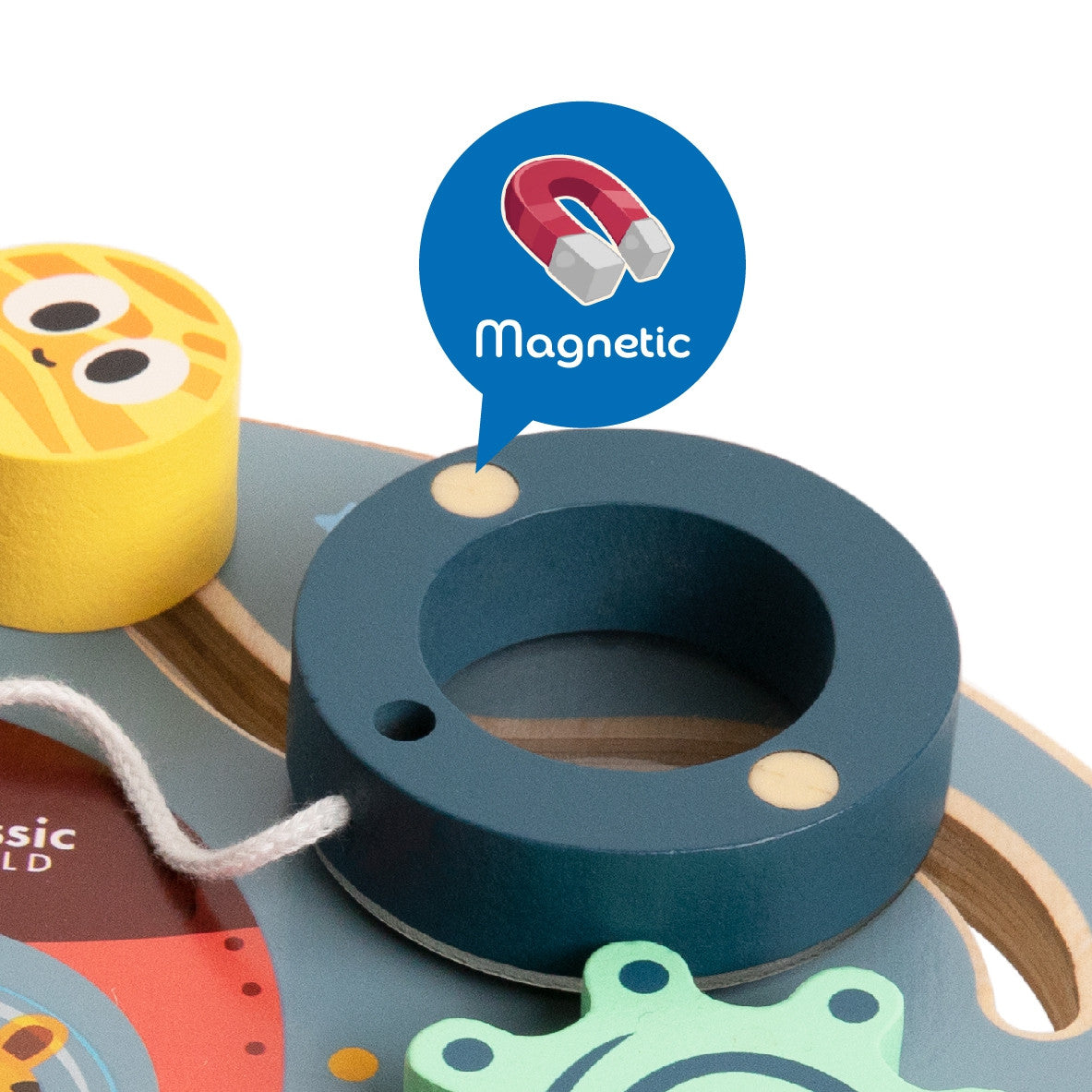 Compact wooden busy board for kids from 12 months