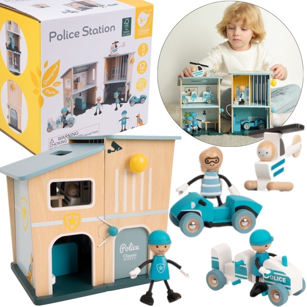 Classic World Wooden Police Station with Cars and Helicopter