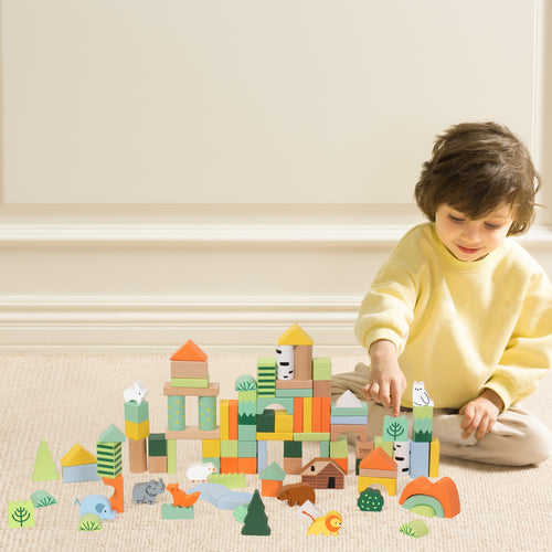 Wooden blocks with trees, animals and forest scenes