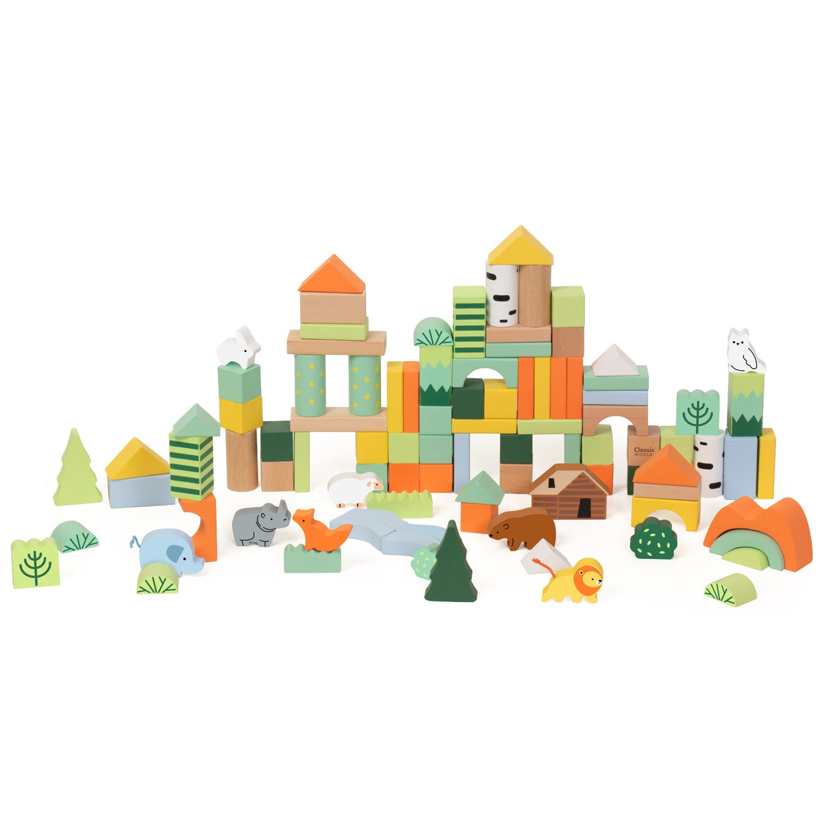 Child building a forest house from wooden blocks