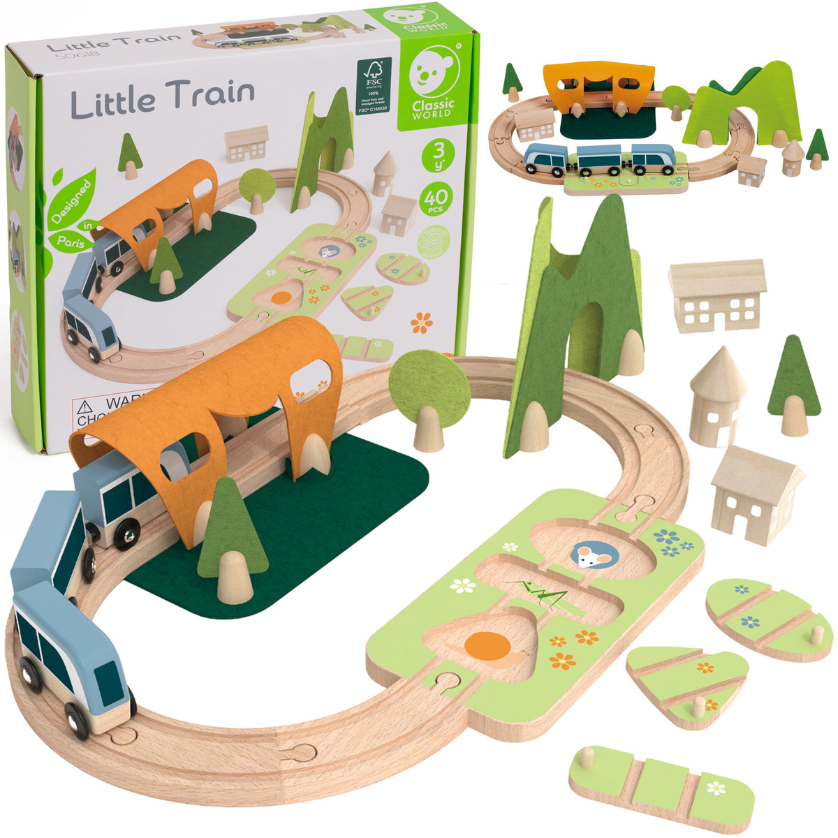 Classic World wooden train set with shape sorter, 40 pieces