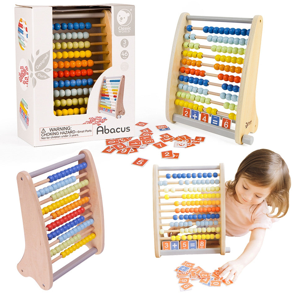 Classic World wooden abacus with maths cards, 46 pieces