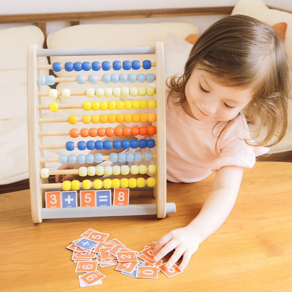 Wooden abacus with 10 rows of coloured beads
