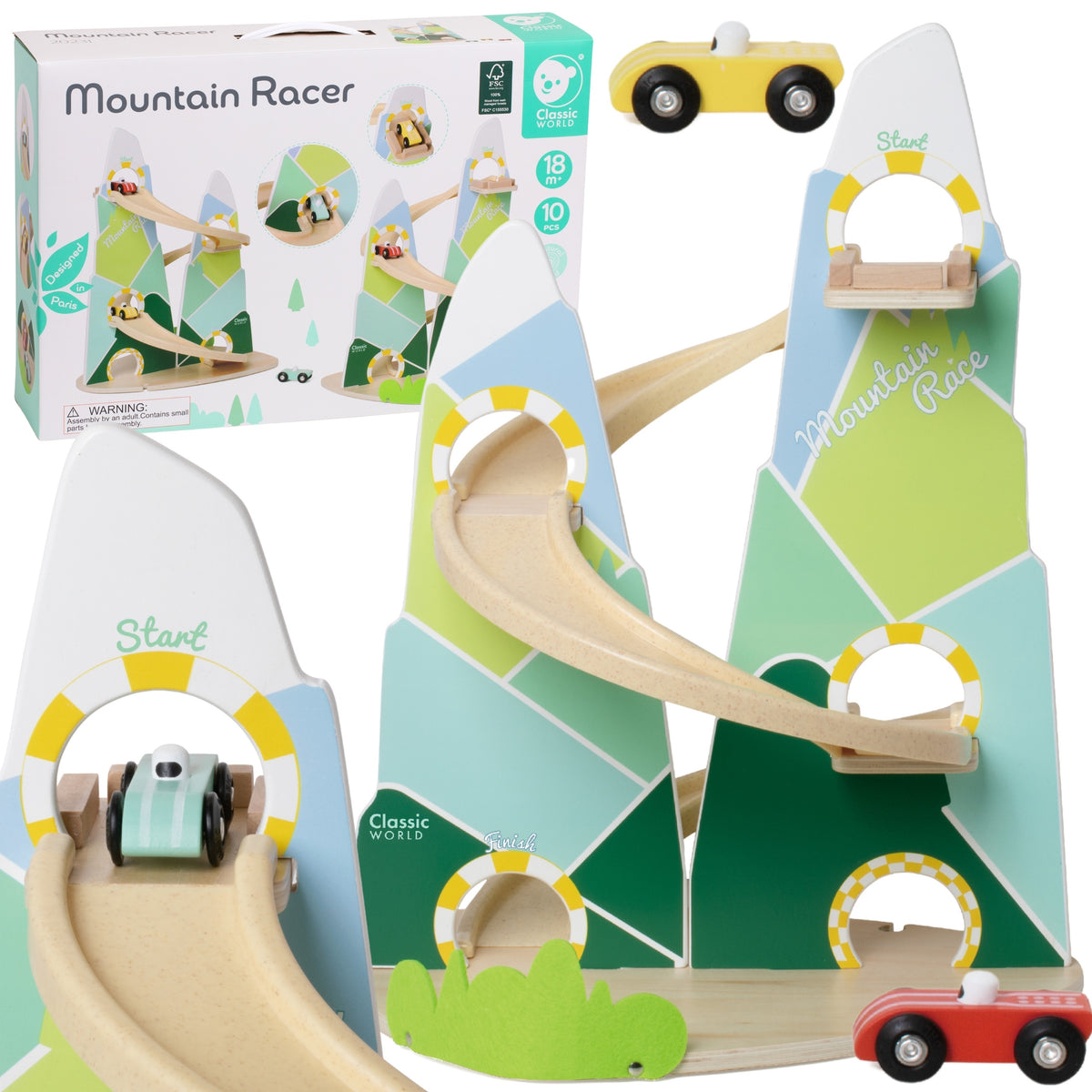 Classic World wooden Mountain Race car track with 3 cars