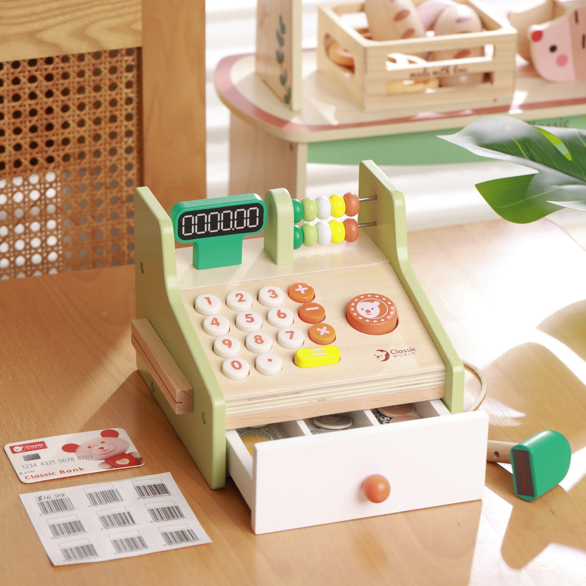 Pastel cash register with buttons, display and drawer