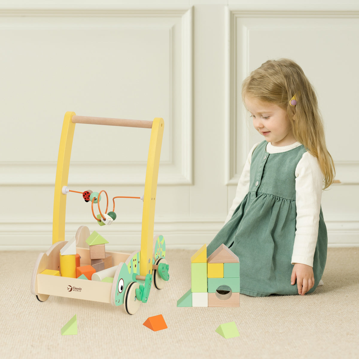 Wooden walker with bead maze on the handle