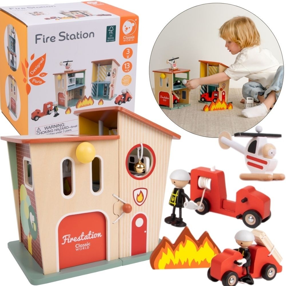 Classic World Wooden Fire Station with Truck and Helicopter