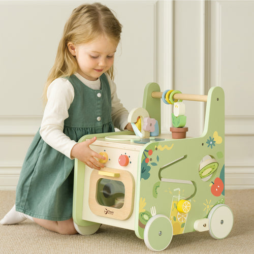 Wooden walker with oven, stove knobs and sink