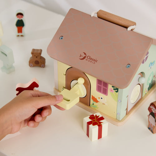 Wooden activity house with four doors and locks
