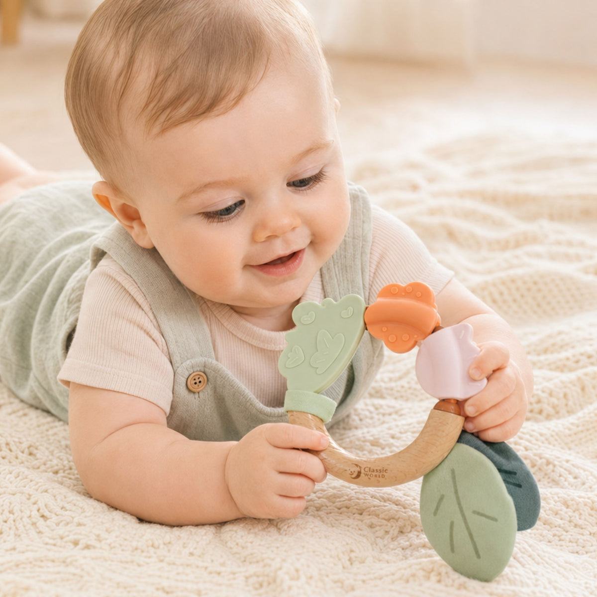Eco wooden teether with crinkly leaves for babies