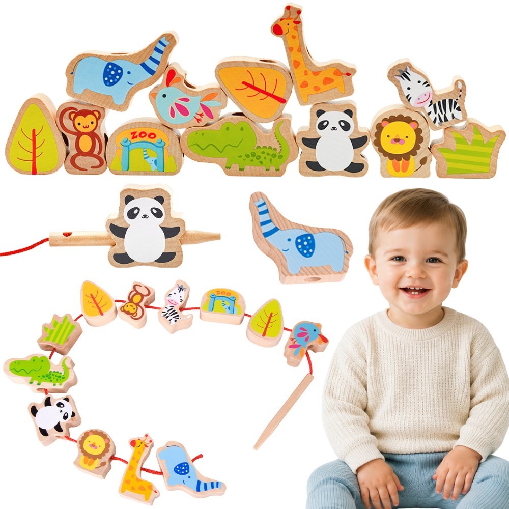 Classic World wooden lacing blocks with zoo animals