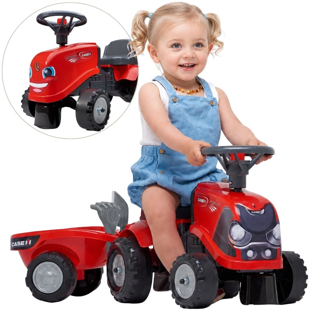 FALK Baby Case IH sarkans braucamais traktors ar piekabi