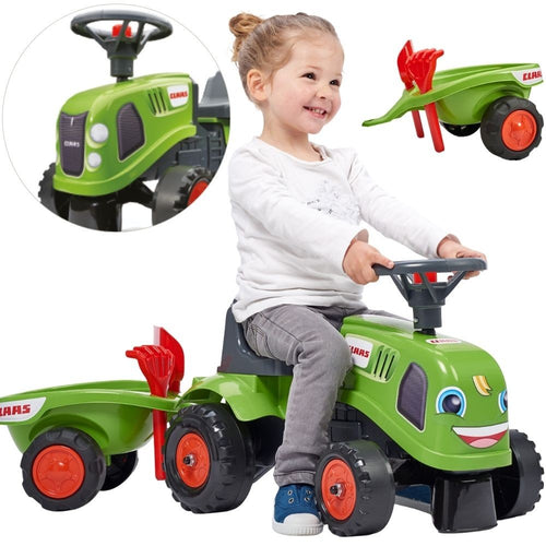 FALK Baby Claas zaļš braucamais traktors ar piekabi