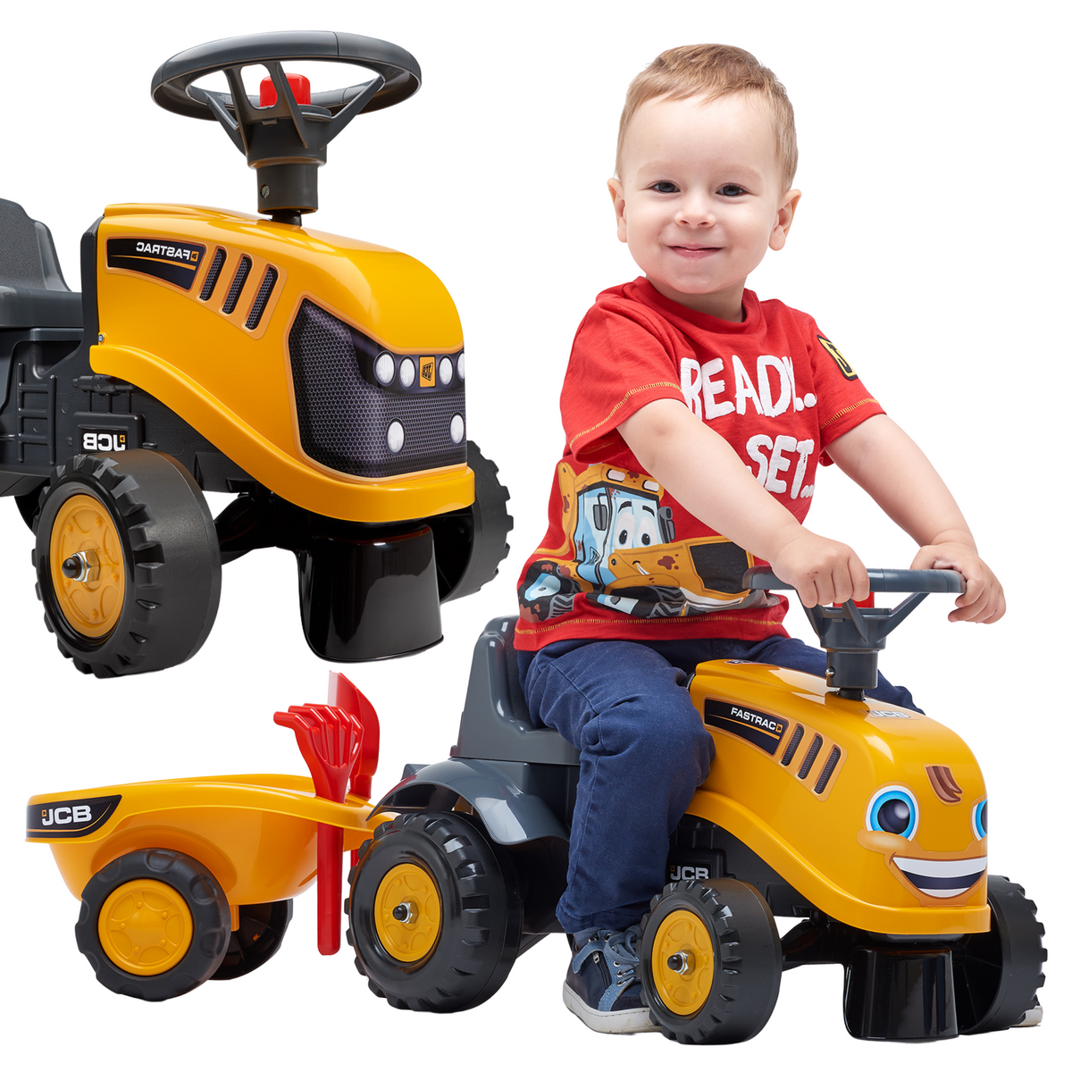 FALK JCB orange ride-on tractor with trailer and tools
