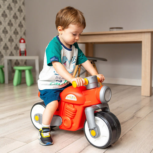 Red retro motorbike with wide quiet non-slip wheels