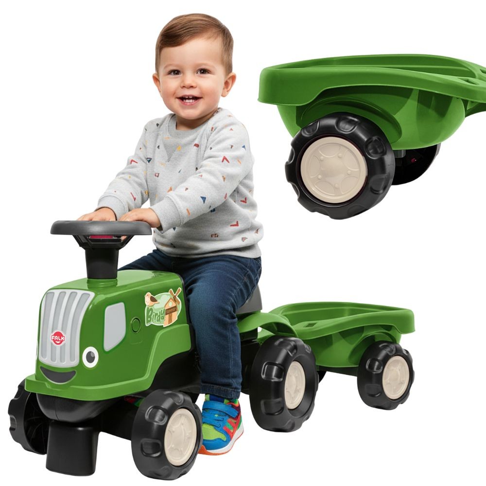 FALK Birdy Farm zaļš braucamais traktors ar piekabi