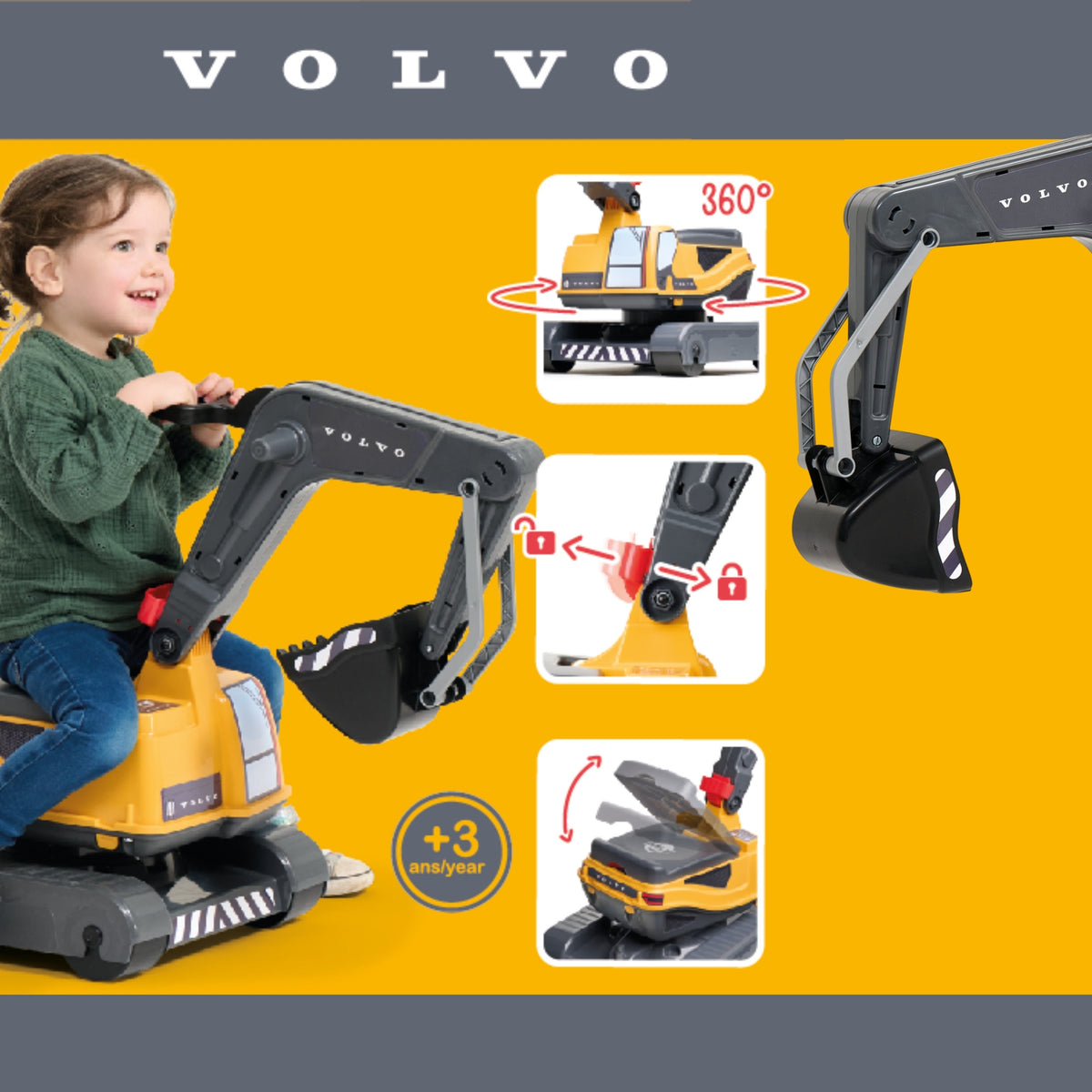 Child digging sand on the FALK Volvo excavator
