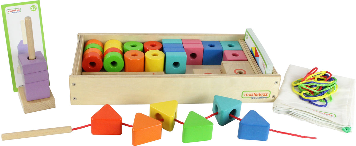 Wooden storage box with beads and fabric bag