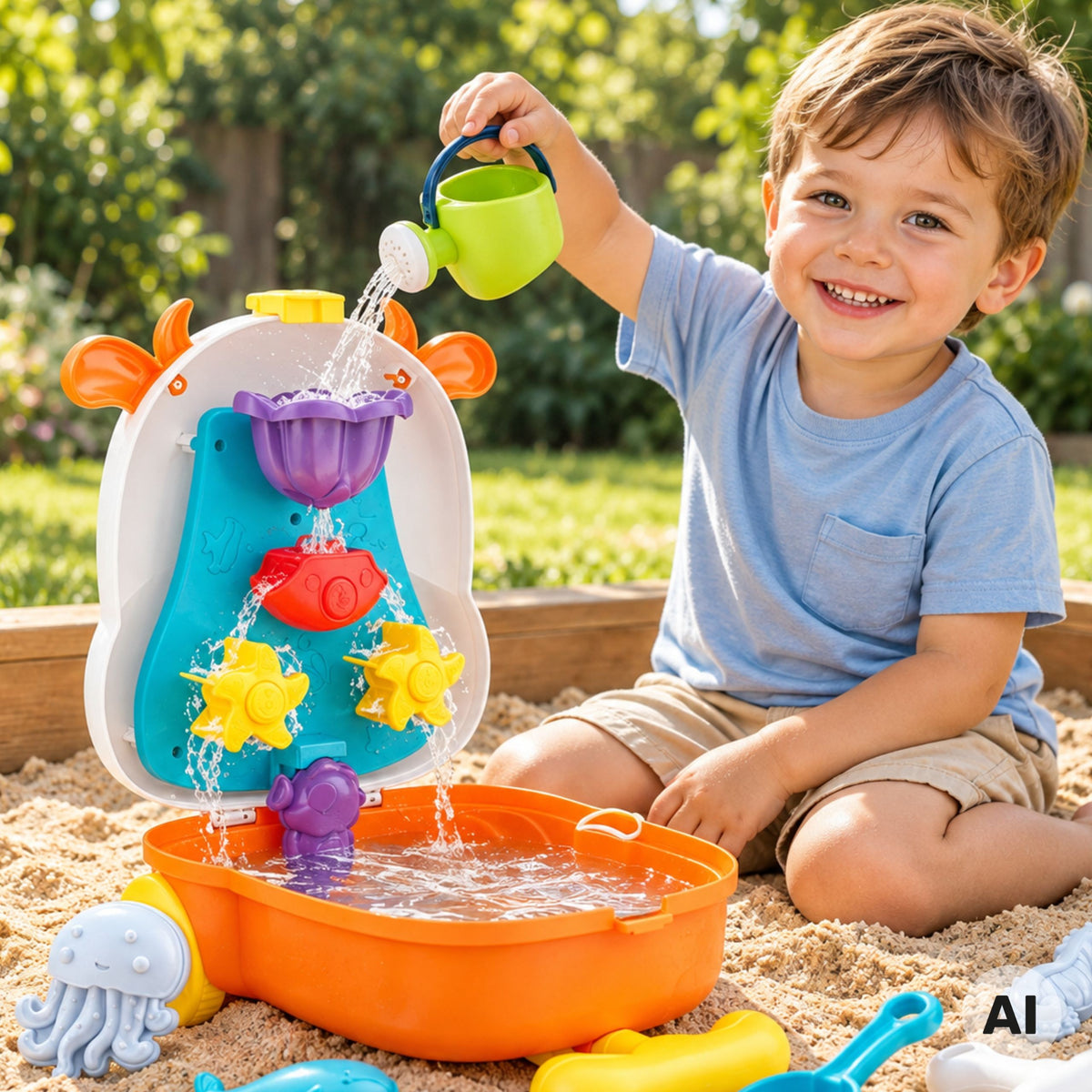 Woopie cow sand and water suitcase – opened water table