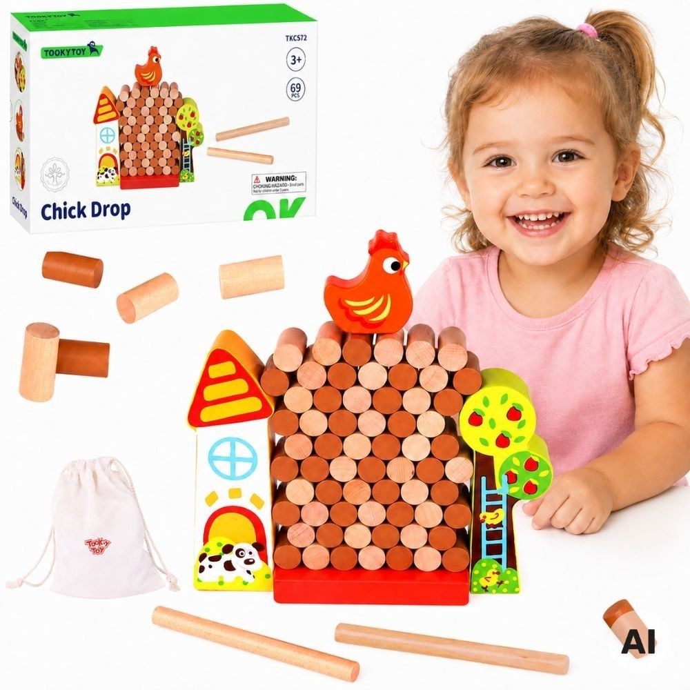 Tooky Toy wooden falling hen farm stacking game, 69 pieces