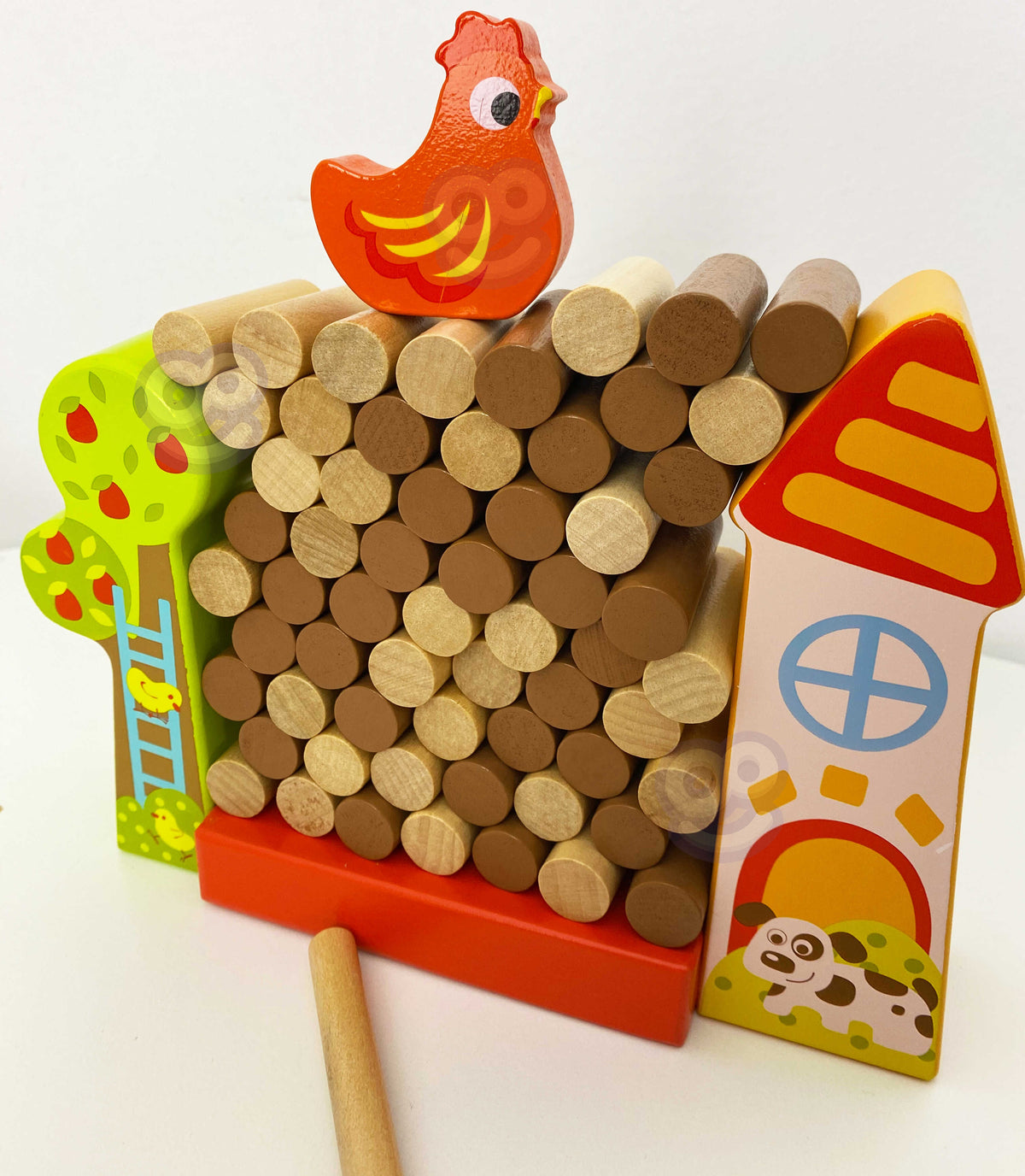 Colourful farm-themed wooden game pieces