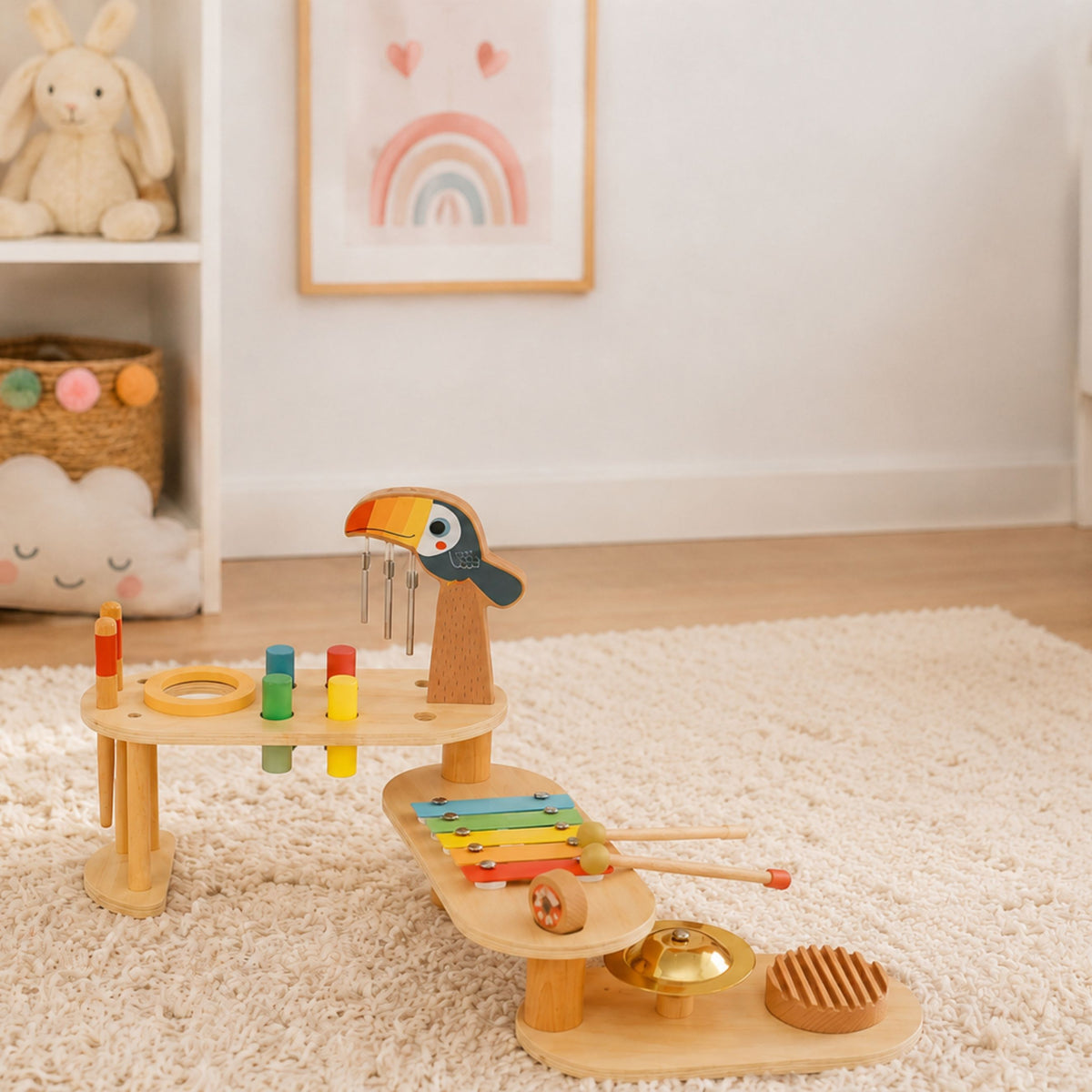 Child playing the wooden music table with sticks