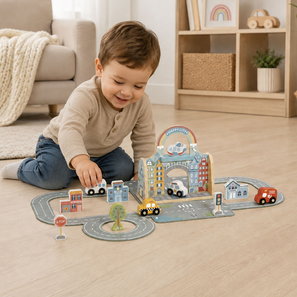 Mini City pilsēta salikta atpakaļ koka koferītī