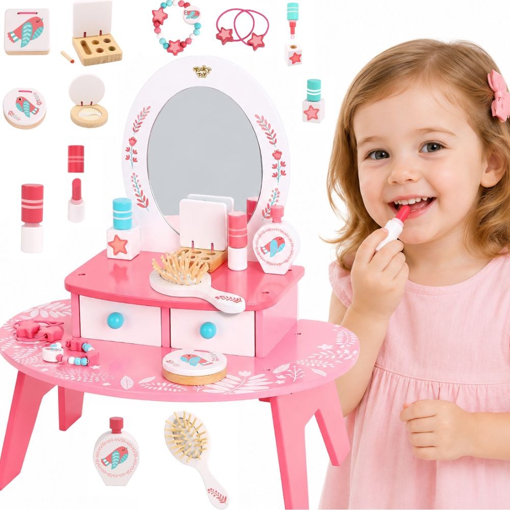Tooky Toy rozā koka spoguļgaldiņš ar spoguli