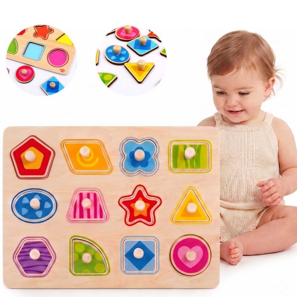 Tooky Toy Wooden Shapes Peg Puzzle for Toddlers