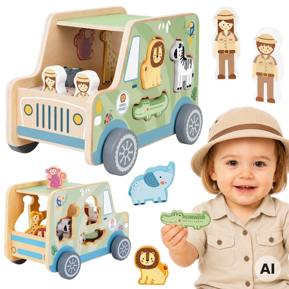 Tooky Toy wooden safari car with animal figures