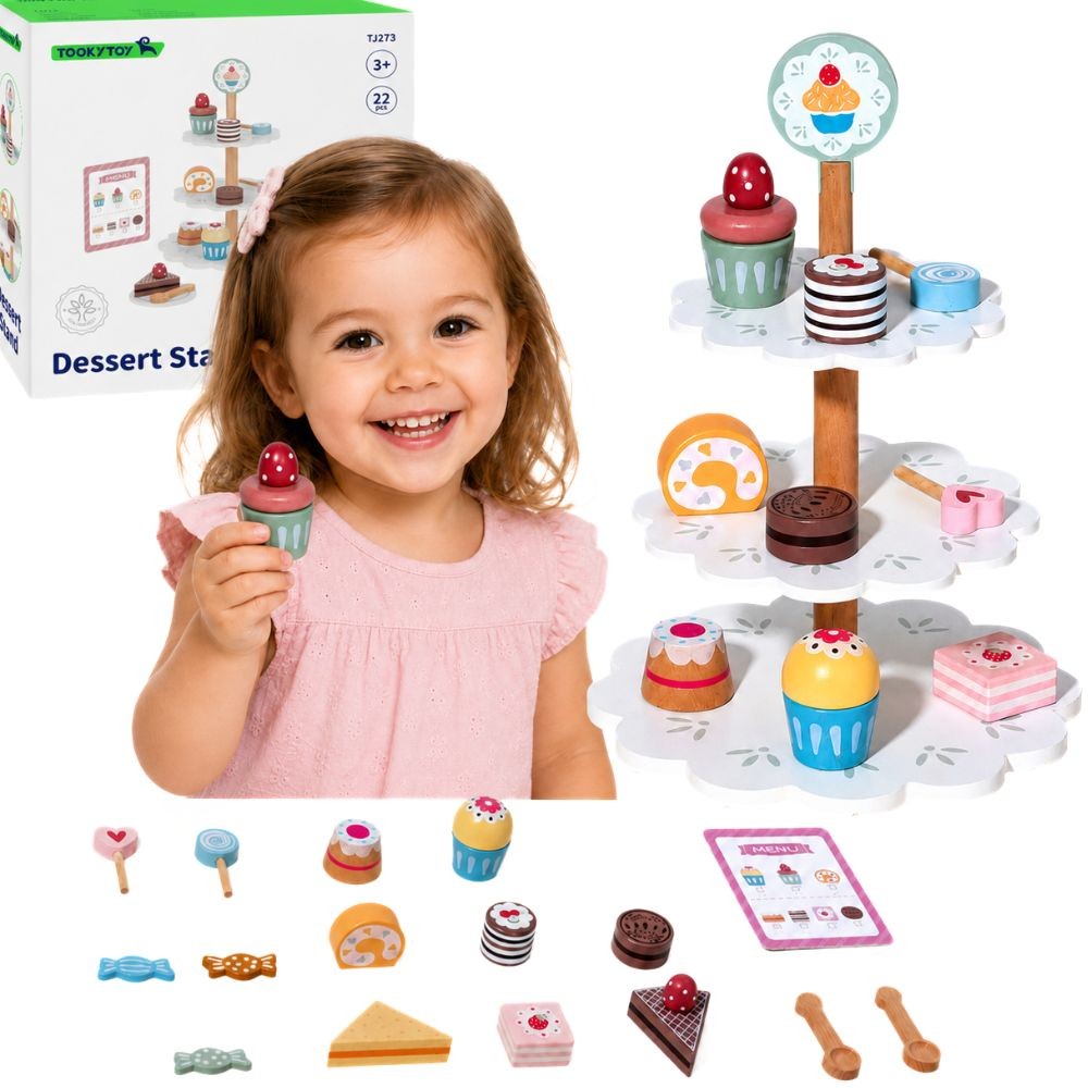 Tooky Toy Wooden Three-Tier Cake Stand with Sweets, 22 pcs
