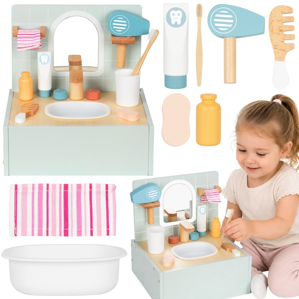 Tooky Toy koka vannas istabas komplekts ar spoguli