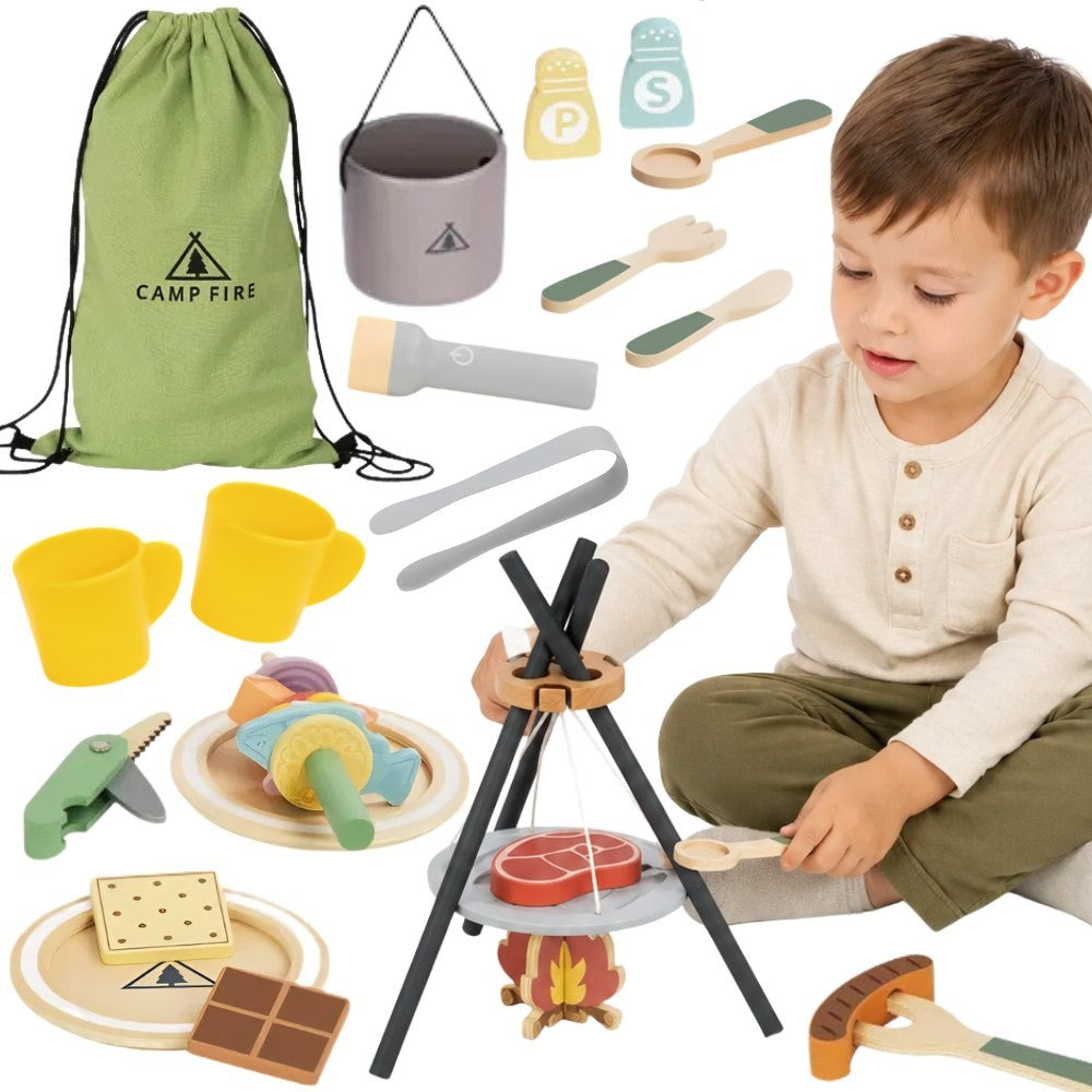 Tooky Toy koka ugunskura gatavošanas komplekts ar somu