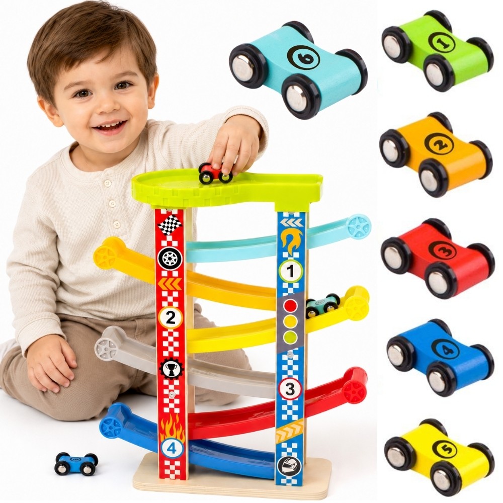 Tooky Toy koka mašīnu trase-slidkalniņš, 7 gab.