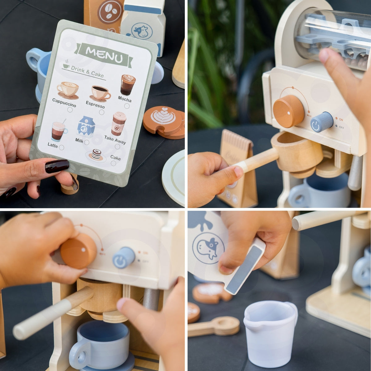 Tooky Toy wooden espresso machine – cup, takeaway cup and milk carton