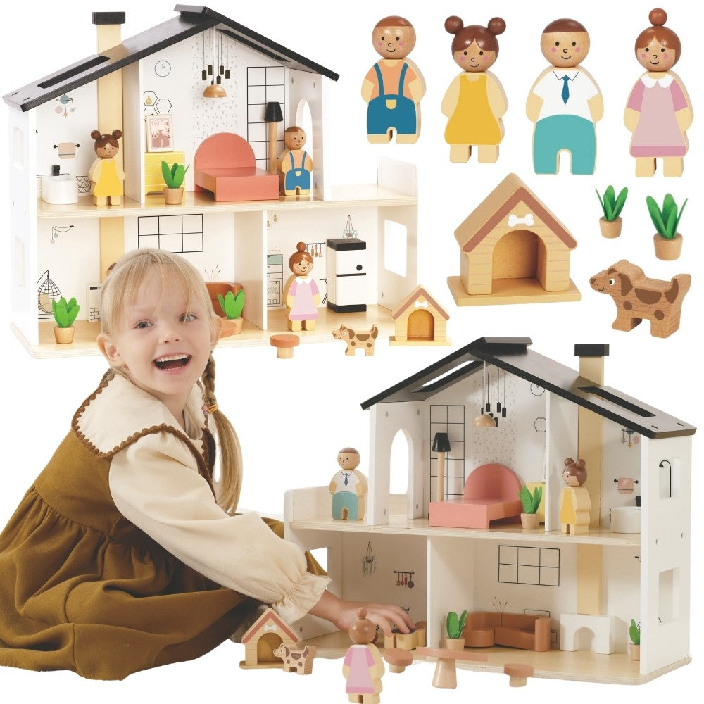 Tooky Toy moderna koka leļļu māja ar ģimeni