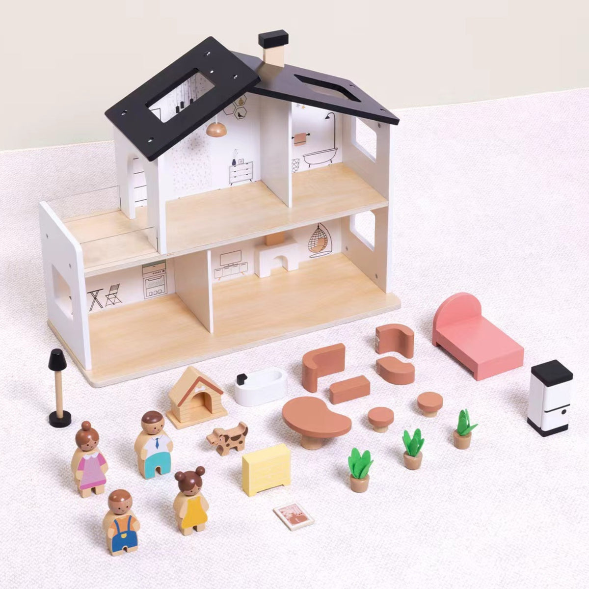 Child playing with the wooden family in the dollhouse