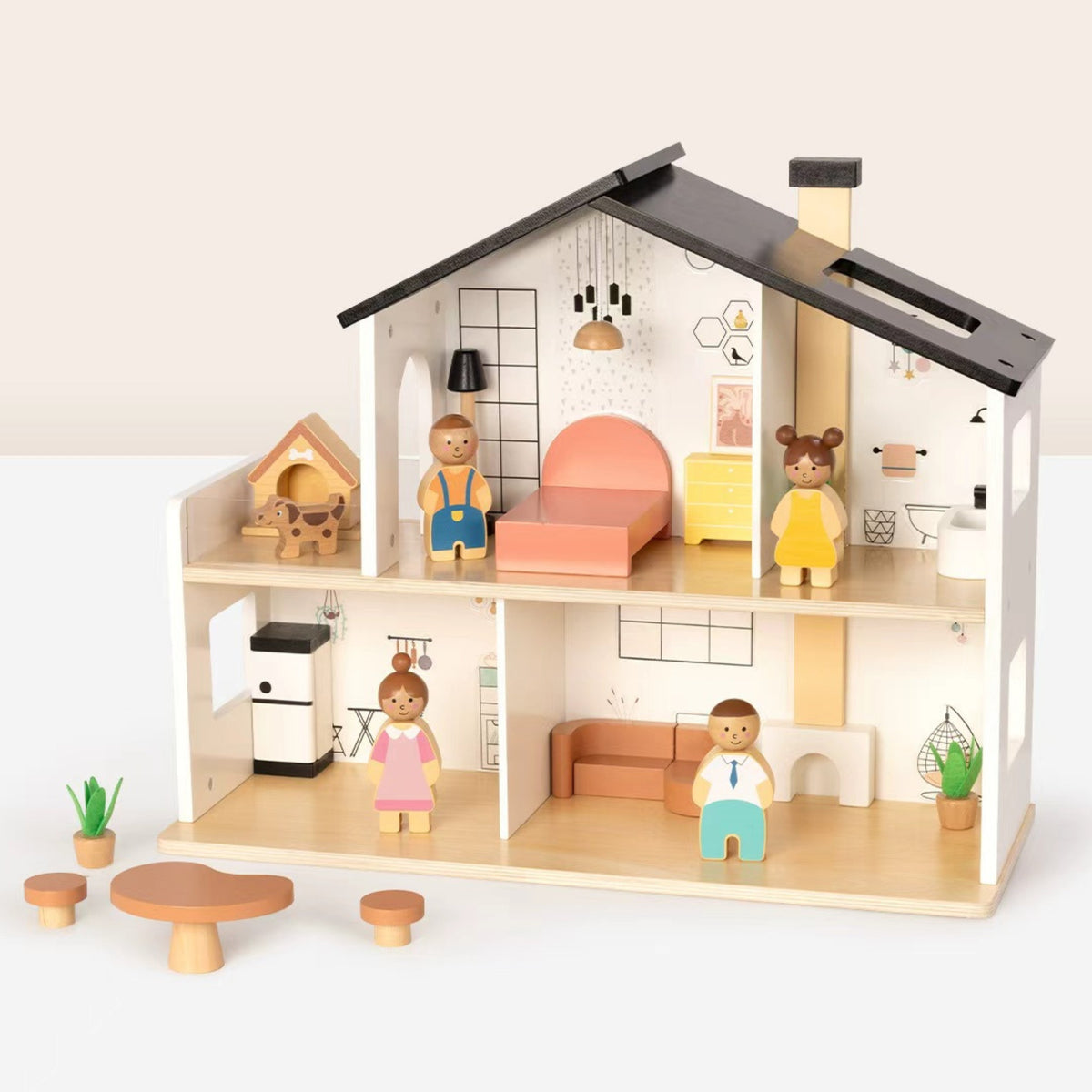 Wooden dollhouse set with 20 pieces for kids 3+
