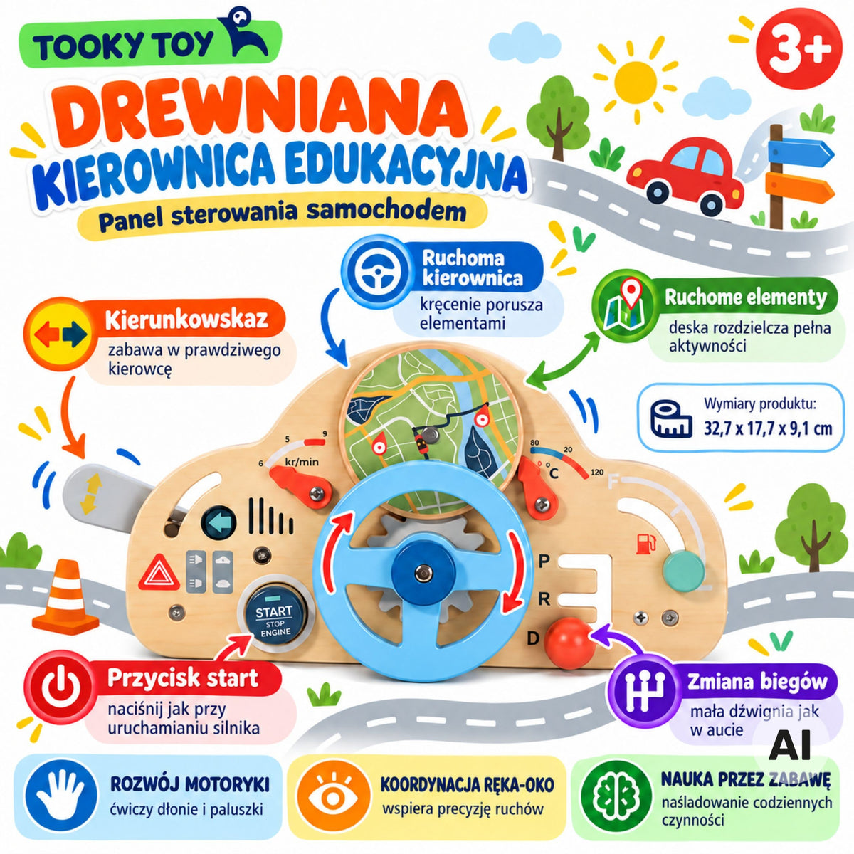 Tooky Toy koka auto panelis – kustīgas paneļa daļas