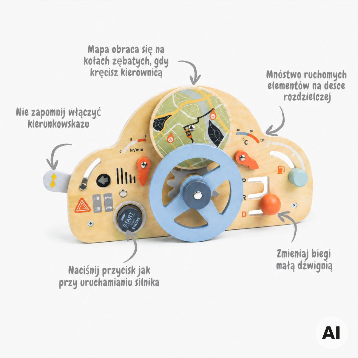 Tooky Toy koka auto panelis – bērns “brauc” pie galda