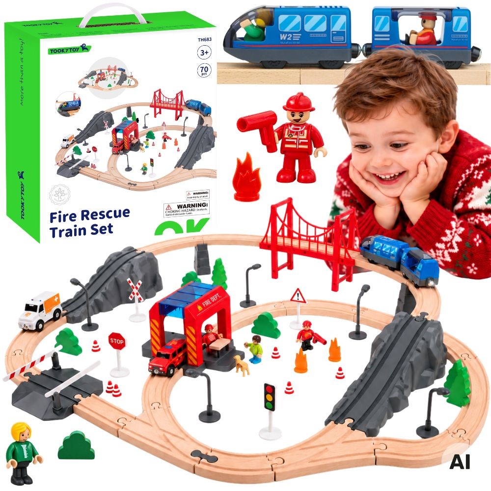 Tooky Toy ugunsdzēsēju koka trase ar elektrisku vilcienu