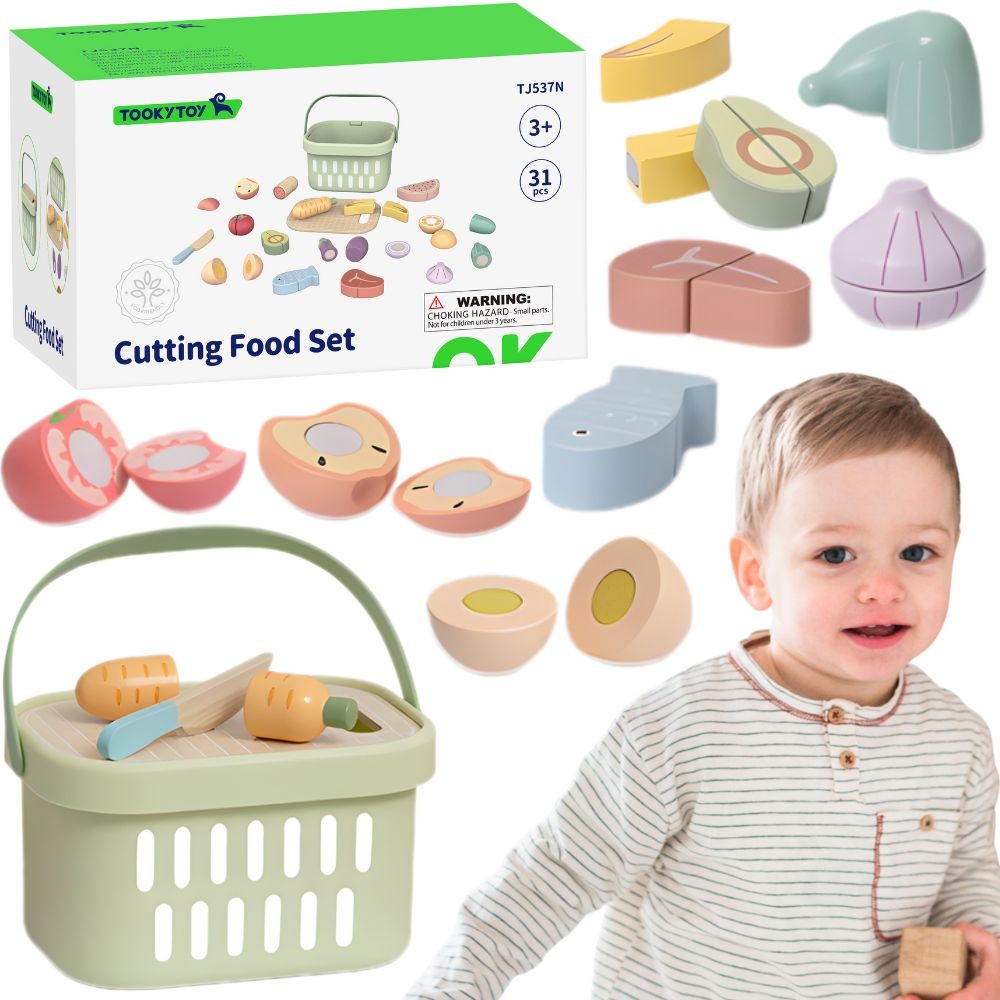 Tooky Toy Wooden Food Basket for Cutting, 21 pcs