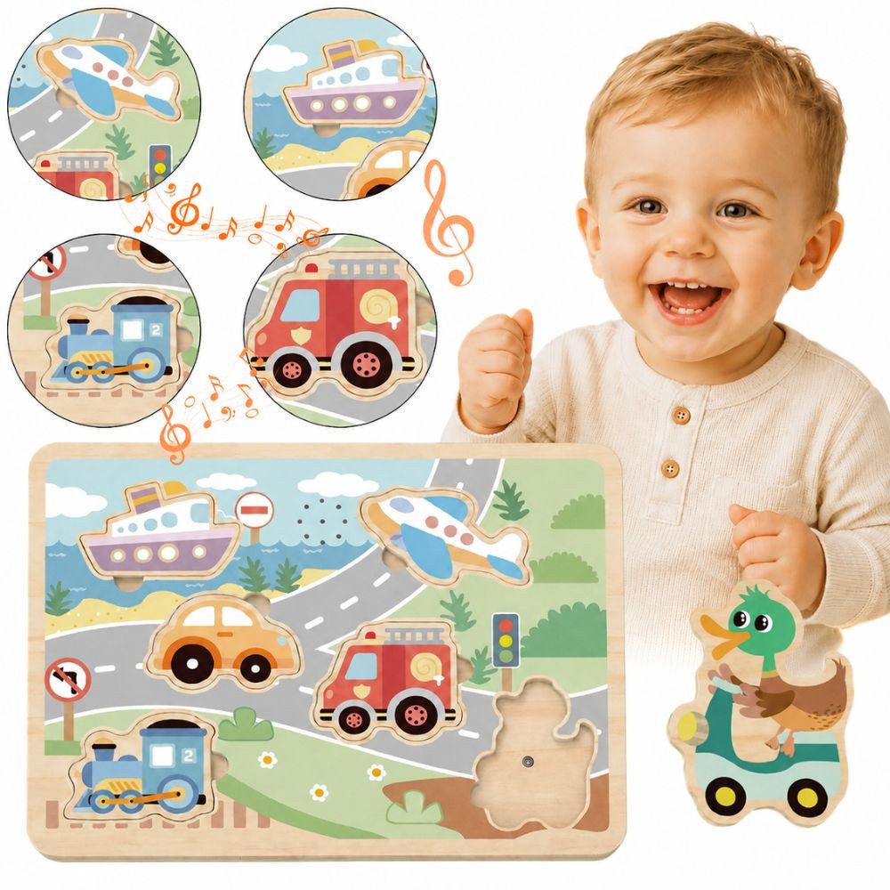 Tooky Toy wooden sound puzzle with 6 vehicles