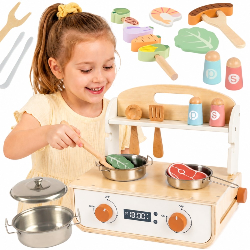 Tooky Toy koka plīts ar grilu, iesmu un metāla traukiem