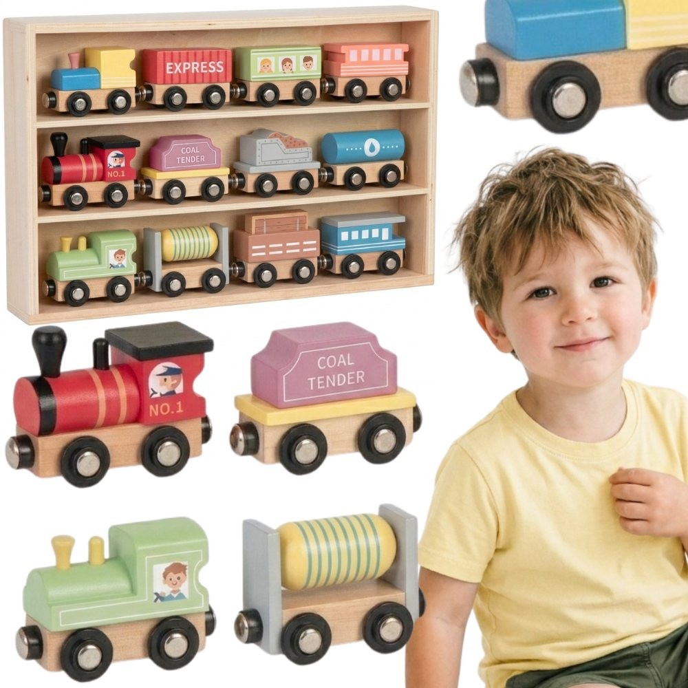 Tooky Toy wooden magnetic trains and wagons, 12 pieces
