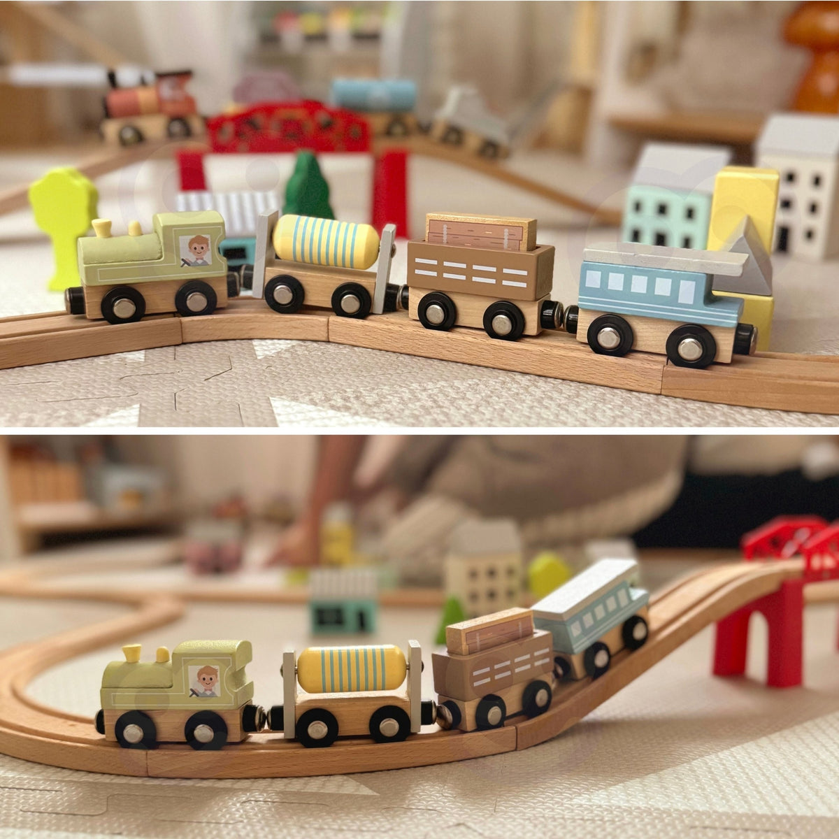 Child joining magnetic wagons into a long train